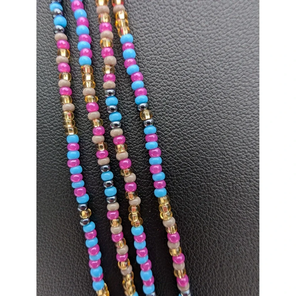 Handmade Multi Strand Seed Bead Necklace Turquoise Pink Layered Bohemian Jewelry